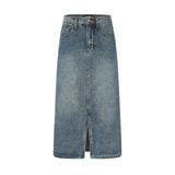 Women Long Skirt Front Slit Denim Skirt Loose Washed-out Midi Skirt
