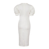 Women Dress round Neck Puff Sleeve Hip Skirt White Short Sleeve Dress