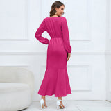 Women Date Dress V-neck Fishtail Skirt Elegant High Waist Evening Long Dress