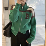 Women Knitted Cardigan Spring and Autumn Leisure Sweater Coat Zipped Stand Collar Knitted Cardigan