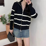 Women Knitwear Fall and Winter Lapels Striped Zip Sweater Loose Knitted Cardigan