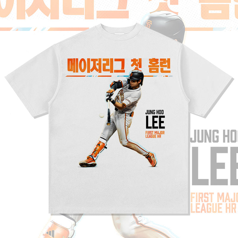 Mens Vintage baseball T-Shirt Jung Hoo Lee Printed Short Sleeve T-Shirt Vintage Washed Loose