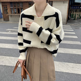 Women Knitwear Spring Polo Collar Stripes Sweater Loose Knitted Cardigan