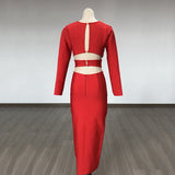 Women Evening Dress V-neck Bandage Dress Long Sleeve Simple Hollow Dress
