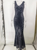 Women Evening Gown Sexy V-neck Vintage Party Sequins Dress