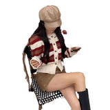 Women Knitwear Spring and Autumn Stripes round Neck Sweater Short Knitted Cardigan