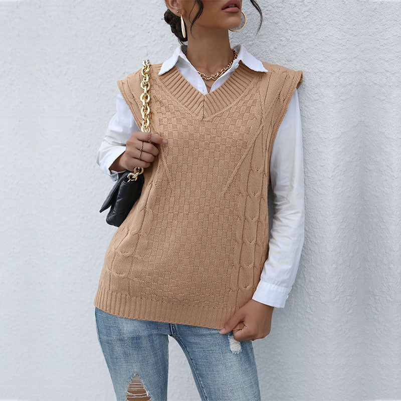 Women Knitted Sweater Autumn Knitted Solid Color Cable-Knit Sweater Vest