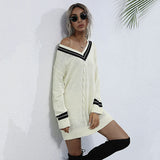Women Knitted Sweater Autumn Stitching V-neck Knitted Sweater Dress