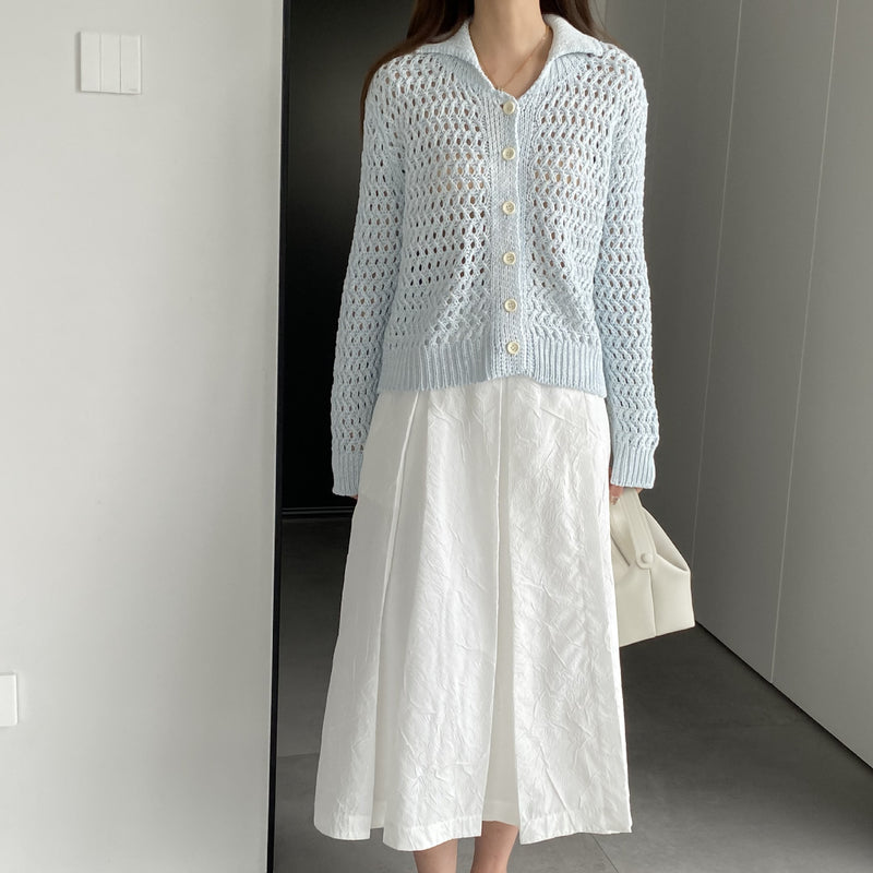 Women Cardigan Sweater Hollow out Sweater Cardigan Polo Collar Top Coat X3009