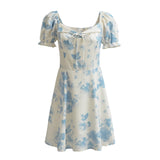 Women Dresses Summer Vintage Printed Dress Puff Sleeve Lace-up Skirt (Xds0414)