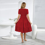 Women Date Dress V-neck Pleated Lace-up Dress