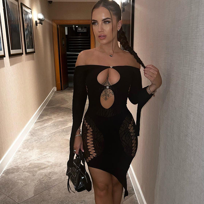 Women Dresses Spring off-the-Shoulder Hollow-out Long Sleeve Dress