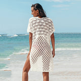 Women Knit Beach Cover Knitted Hollow out V-neck Pullover Short Sleeve Smock Dress