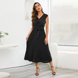 Women Date Dress Chiffon Pleated Dress Slim Fit Elegant Solid Color V-neck Dress
