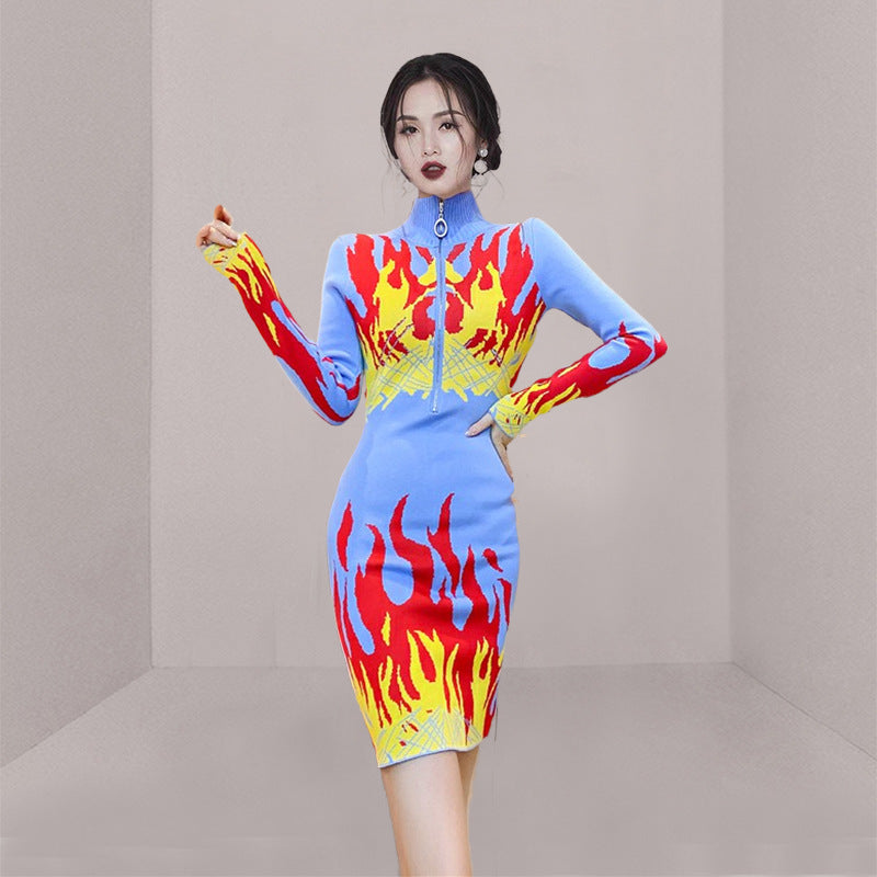 Women Maxi Dress Autumn and Winter Stand Collar Long Sleeve Package Hip with a Zipper Knitted Dress