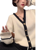 Women Knitwear Autumn Winter Retro Contrast Color V-neck Sweater Loose Knitted Cardigan