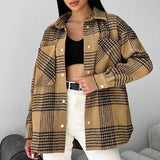 Women Trench Coat Winter Plaid Long Sleeve Shirt Loose Casual Shirt Coat