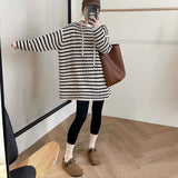 Women Knitted Pullover Fall Winter Hooded Striped Knitwear Loose Casual Top