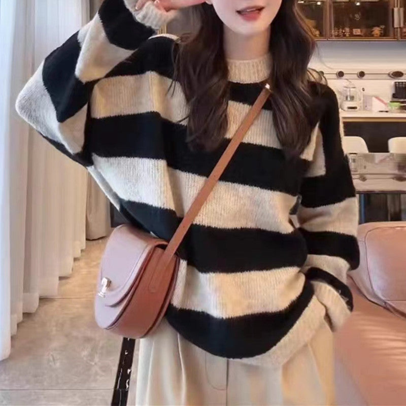 Women Knitwear Autumn and Winter Striped round Neck Sweater Loose Sweater
