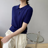 Women Knitted T-shirt Polo Short Sleeve Summer Lapels T-shirt