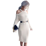Women Knitted Sweater off-the-Shoulder Hollow-out Halter Woolen Skirt