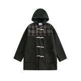 Unisex Jacket Retro Patchwork Plaid Coat Men's Horn Button Hooded Overcoat