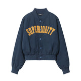Women Jacket Letter Affixed Cloth Embroidered Baseball Uniform Jacket Loose Stand Collar Long Sleeve Jacket