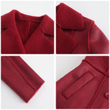 Red Leather Jacket Lapel with Velvet Leather Suede Coat for Women