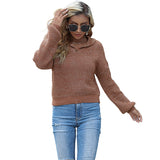 Women Knitted Sweater Autumn Short Solid Color Polo Collar