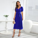 Women Date Dress Summer V-neck Puff Sleeve Lace-up Pleated Dress