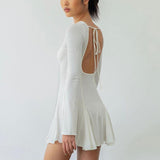 Women Dresse Sexy Backless round-Neck Long-Sleeved Dress