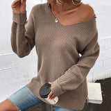Women Knitted Sweater Autumn and Winter Long Sleeve Solid Color and V-neck Sweater