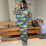 Women Dresses Summer Sexy Mesh Floral Print Slim Fit Long Sleeve Dress