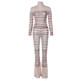 Women Co-Ord Set Sexy Stripes Turtleneck Long Bell-Bottom Pants Suit