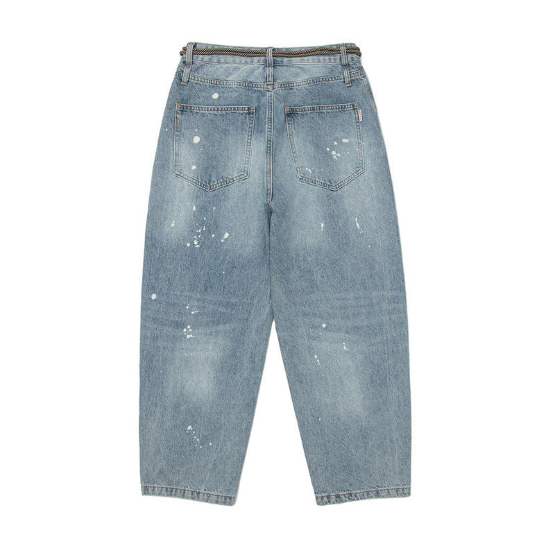 Men Jeans Vintage Wash Splash-Ink Overalls Denim Trousers