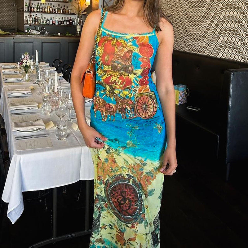 Women Dresse Vintage Printed Dress Long Dress U Collar off-the-Shoulder Backless Sling Hip Skirt