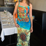 Women Dresse Vintage Printed Dress Long Dress U Collar off-the-Shoulder Backless Sling Hip Skirt