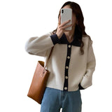 Women Knitwear Spring and Autumn Retro Lapels Contrast Color Knitted Cardigan