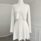 Women Dresses White V-neck Suspenders Dress Long Sleeve Cardigan Jacket Suit Skirt