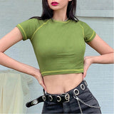 Women T-shirt Summer Sexy Midriff-Baring Top round Neck Short Sleeve T-shirt