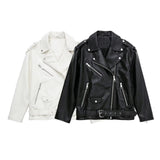 Women Leather Jacket Autumn and Winter Leather Jacket Slim-Fitting Biker Pu Washed Leather Jacket