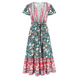Women Date Dress Summer V-neck Ruffle Vintage Floral Beach Dress