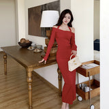 Women Dresses Retro Slim-Fit Long Sleeve Dress Autumn