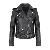 Women Leather Jacket Spring Solid Color Polo Collar Leather Coat