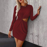 Women Dress Spring/Summer Hollow-out Knitted Long-Sleeved Hip Skirt round Neck Dress