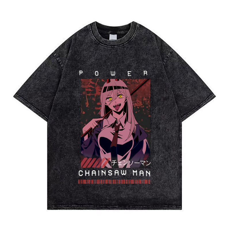 Chainsaw Man Washed Old Retro T-Shirt Street Casual Summer Short Sleeve