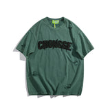 Men T Shirt Washed and Worn Ripped Letter Print Affixed Cloth Embroidered Couple Short Sleeve T-shirt