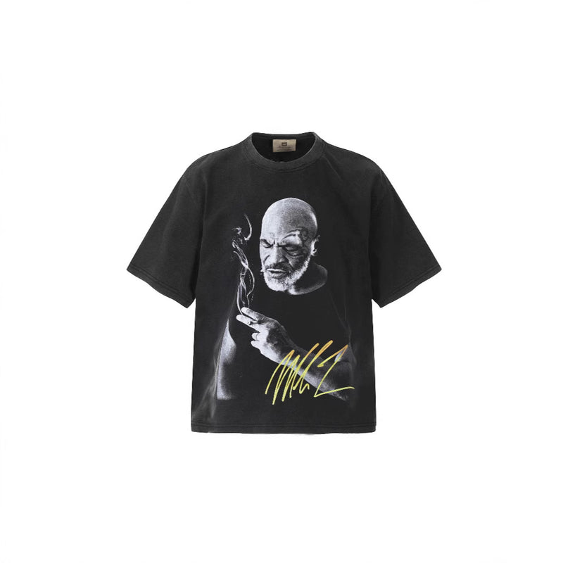Mens T-shirts Tyson Boxing Fighting BIG FACE Printed Washed Old Short Sleeves