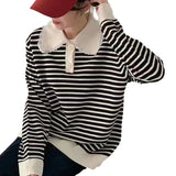 Women Knitwear Autumn and Winter Striped Lapel Knitwear Sweater