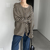 Women Cardigan Sweater Autumn Striped Long-Sleeved Top Loose round Neck 8t7300